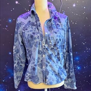 Elegant Blue Floral Corduroy Top